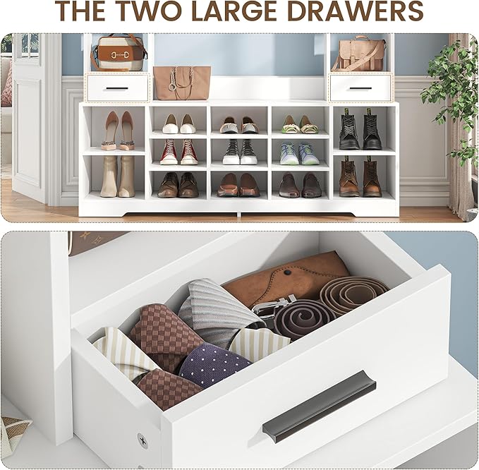 61.6" H White Hall Tree with Bench and Shoe Storage, 6-in-1 Multi-Functional Entryway Bench with 2 Drawers, 5 Coat Racks, Shoe Rack with 13 Shoe Cubbies, Entryway Storage Organizer, White