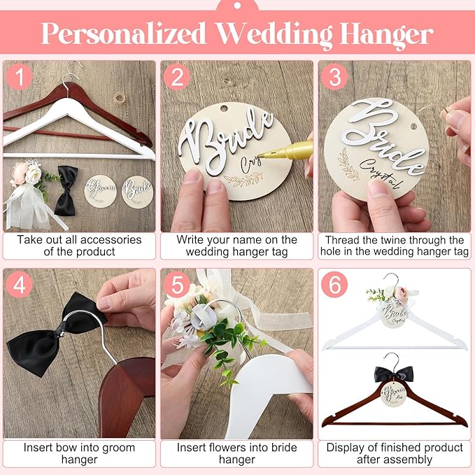 2 Pack Wedding Hanger Gift Bride Groom Bridal Hanger with Tags for Wedding Dress(Pink)