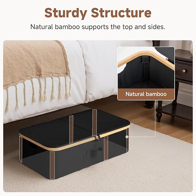 StorageWorks 2-Pack Underbed Storage Box with Bamboo Frame, 42L Flip-Top Under Bed Container for Blankets, Bed Sheets, Coverlets and Towels, Black