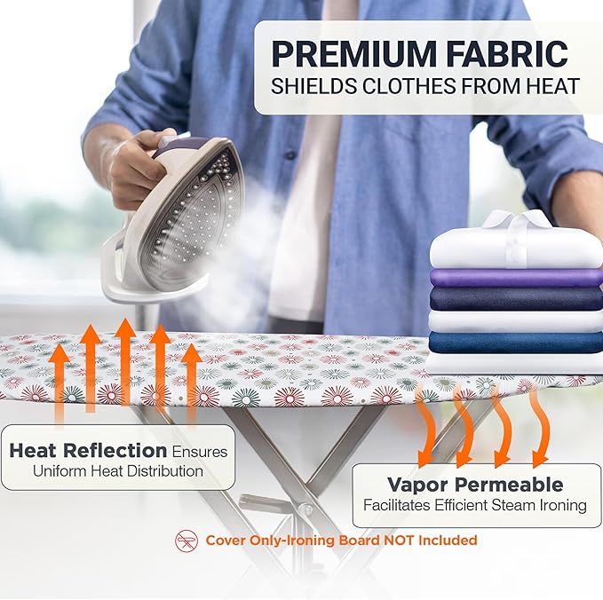Ironing Board Cover and Pad 15"x54" Extra Thick Natural Cotton, Scorch and Stain Resistant Padding, Standard Size Iron Board Cover with Fasteners Heavy Duty Elastic Edge, Heatproof Sunflora