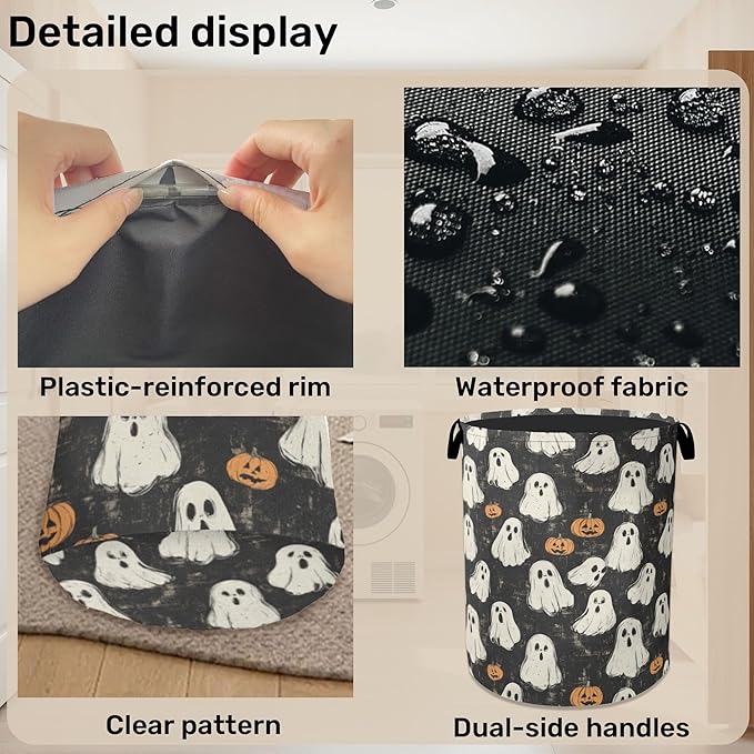 Halloween Ghost Pumpkin Large Clothes Hamper Bag - Laundry Basket with Handles, Space Saving Foldable Design for Nursery