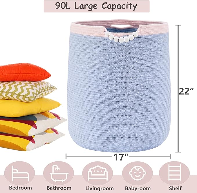 90L Large Blue Woven Rope Laundry Hamper Basket for Clohtes Boho Tall Rope Baskets for Blanket Baby Nursery Hamper for Girls Kids 17"Wide 22"Tall