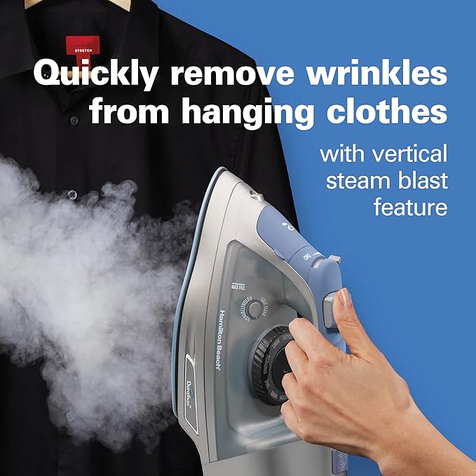 Hamilton Beach Steam Iron & Vertical Steamer for Clothes with Scratch-Resistant Durathon Soleplate, 8' Retractable Cord, 3-Way Auto Shutoff, Anti-Drip, 1800 Watts, Silver and Blue