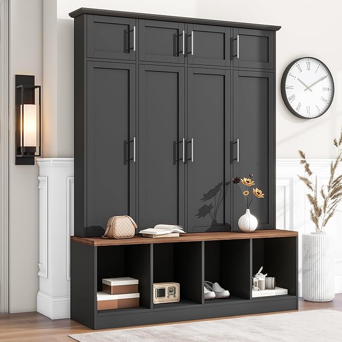 Multi-Functional Hall Tree with 4 Hidden Hanging Hooks, Brown Wood Grain Bench with Multiple Storage Space, Entryway Cabinet with Open Compartments for Living Room, Hallway (Black-15.6)