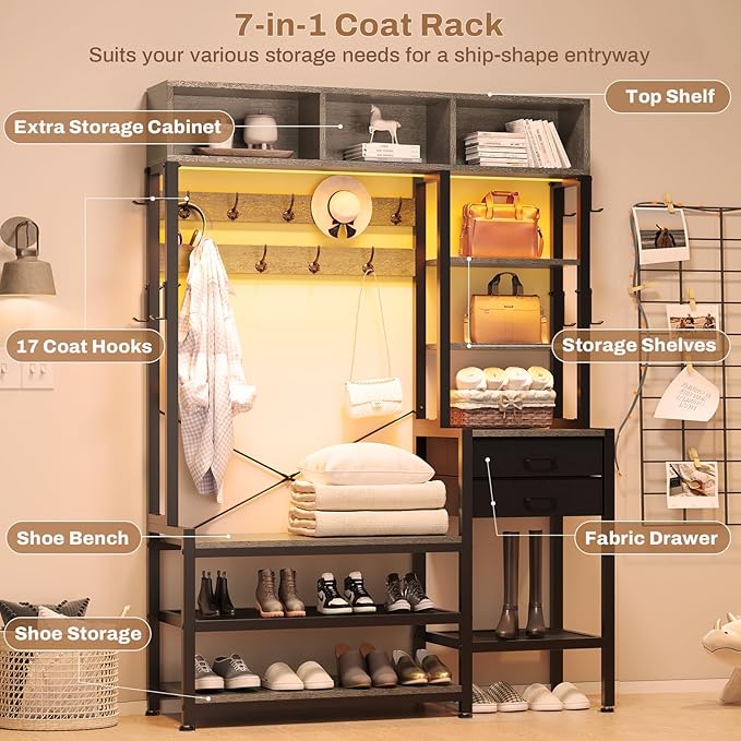 Itaar Hall Tree with Bench and Shoe Storage, 7-in-1 Entryway Bench with Coat Rack, 3 Storage Cubbies, 3 Open Shelves, 17 Coat Hooks, 2 Fabric Drawers (Oak Grey)