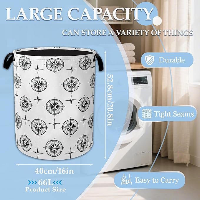 Black Compass Laundry Basket Collapsible Laundry Hamper Clothes Toy Storage Bin for Bathroom Bedroom Room Decor 16" X 20.8"