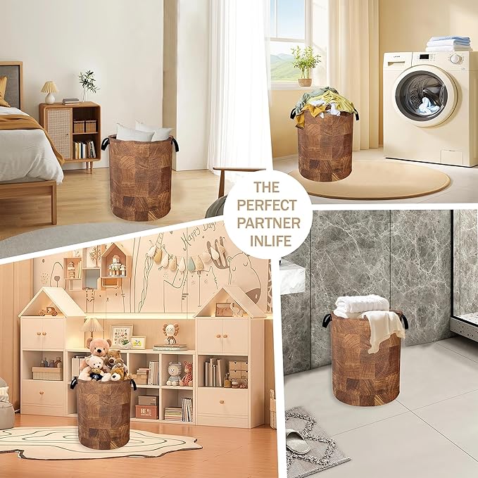 Wood Texture Pattern Laundry Basket,Rustic Farmhouse Clothes Hamper,Oxford Cloth Collapsible Nursery Hamper Storage Organization for Bedroom,Bathroom,Office,College Dorms,16x20 Inch