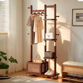 Solid Wood Clothes Rack with Wheels - 4 Shelves, 4 Hooks, Storage Basket for Hanging Garment Wallets Hats, Coat Rack Freestanding, Clothing Rack Heavy Duty Hall Tree for Living Room Hallway