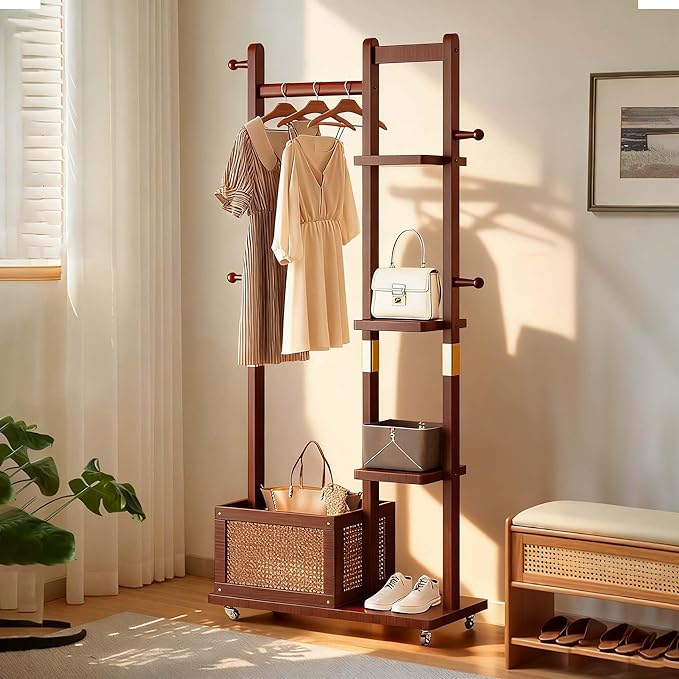 Solid Wood Clothes Rack with Wheels - 4 Shelves, 4 Hooks, Storage Basket for Hanging Garment Wallets Hats, Coat Rack Freestanding, Clothing Rack Heavy Duty Hall Tree for Living Room Hallway