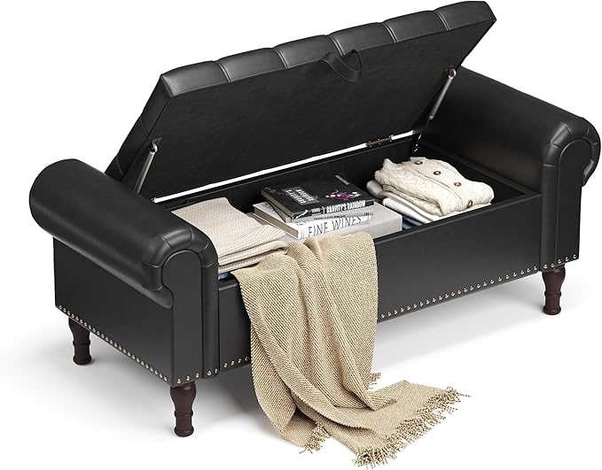 YOUDENOVA 51” Storage Bench with Rolled Arms, Upholstered Bed Bench with Vintage Rivets, PU Leather Bench for Bedroom End of Bed, Living Room, Entryway, Black