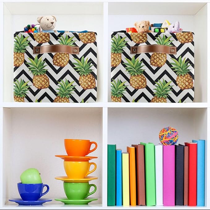 Pineapple Pattern Storage Basket Bin, Large Cube Storage Box Canvas Collapsible Storage Organizer for Home Office Closet, 2PCS - 15 L x 11 W x 9.5 H