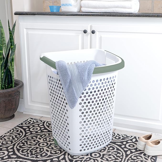 2Bushel -Wheeled Laundry Plastic Basket ，With a Handle, Lightweight and Durable, With Wheels, Suitable for Apartments, Bedrooms, Bathrooms and Laundry Rooms (15.47x 20.11 x 25 in)