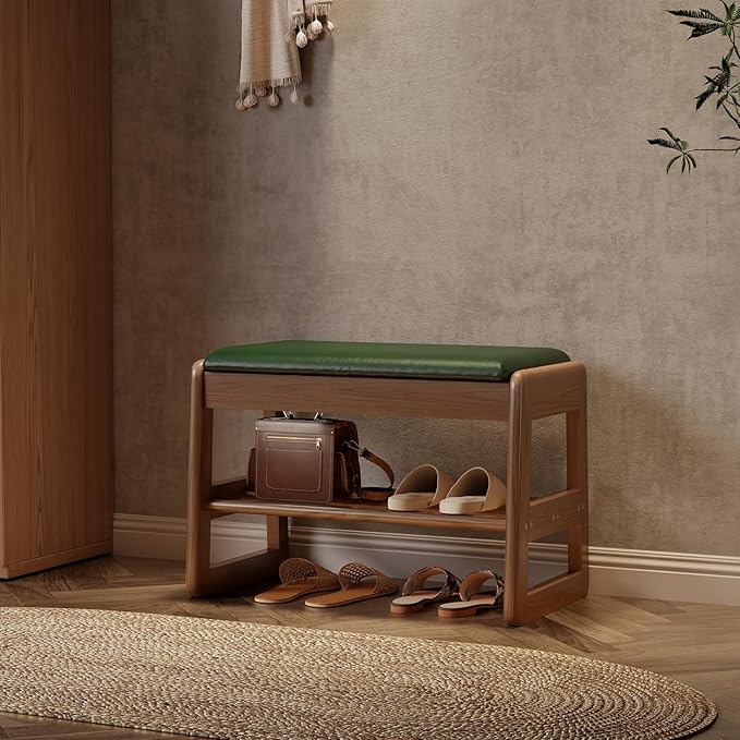 AQIMUELE Small Shoe Rack Bench,2 Tiers Shoe Bench with Storage with Flip-Top,Wood Shoe Rack for Entryway,Hallway（Green Upholstered Seat