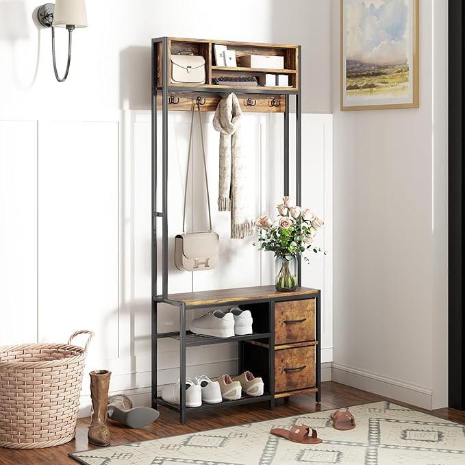 HOMCOM Hall Tree with Bench and Shoe Storage, 5-in-1 Entryway Bench with Coat Rack, 3 Storage Compartments, 5 Coat Hooks, 2 Fabric Drawers, Distressed Dark Brown