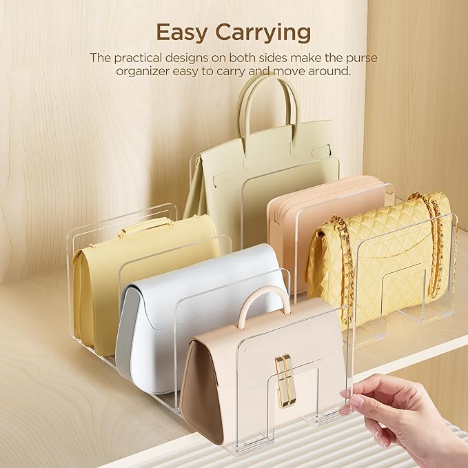 HBlife Purse Organizer for Closet, 3 Sections Widened Clear Handbag Storage Shelf Bag Organizer Acrylic Clutch Dividers for Closet Organizers and Storage, 2 Pack (Fits Up to 4.17 Inch Width Small Bag)