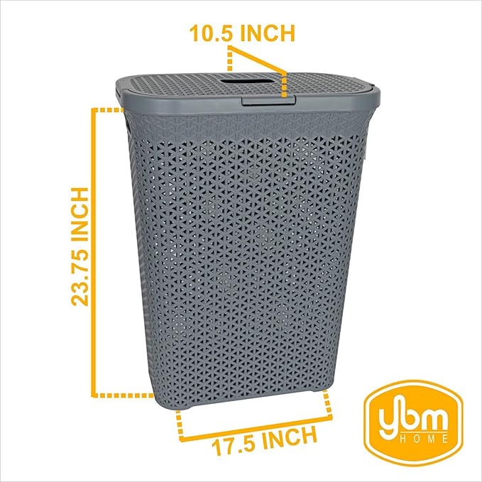 YBM Home Plastic Rattan Laundry Hamper Basket with Hinged Lid, Ventilation Holes, Durable, Lightweight Bin With Cutout Handles, Storage Dirty Clothes, Space Saver, 10.5" x 17.5" x 23.75", Grey, 3-Pack