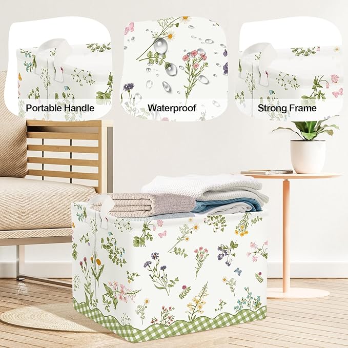 Colourful Flowers Laundry Hamper Large Storage Basket Floral Collapsible Adult Organizer Kids Clothes Toys Bins for Bedroom, Bathroom, Butterfly, 36L