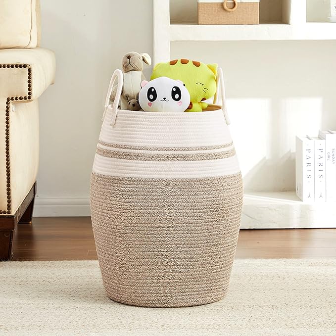 105L Extra Large Laundry Hamper Basket by Fiona's magic, Woven Tall Clothes Hamper for Storage Blanket, Toys and Dirty Cothes in Bedroom and Living Room Organizer, Brown & White