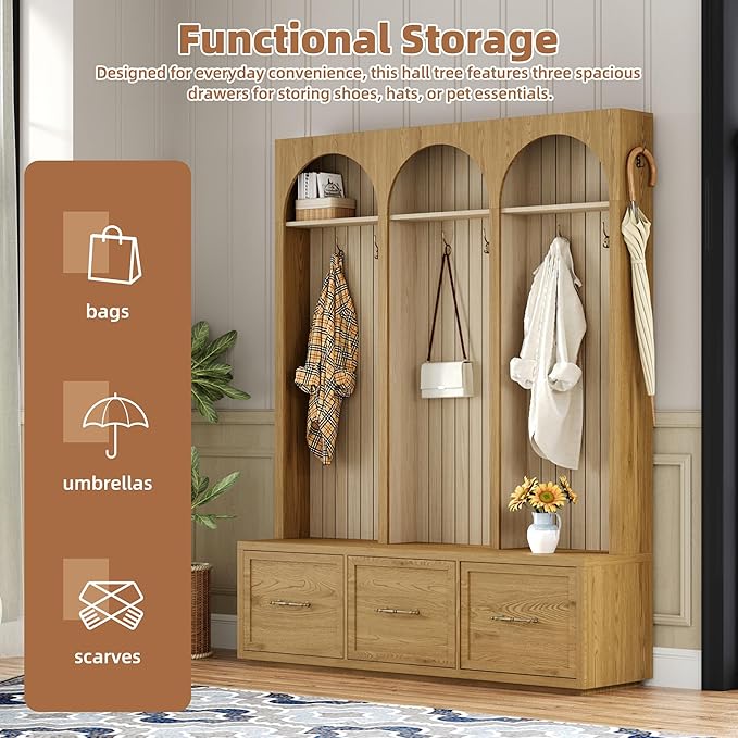 Merax Farmhouse Wood Hall Tree with Shoe Bench and 3 Drawers, 4-in-1 Coat Rack with 8 Hooks for Entrance, Hallway, Mudroom Natural