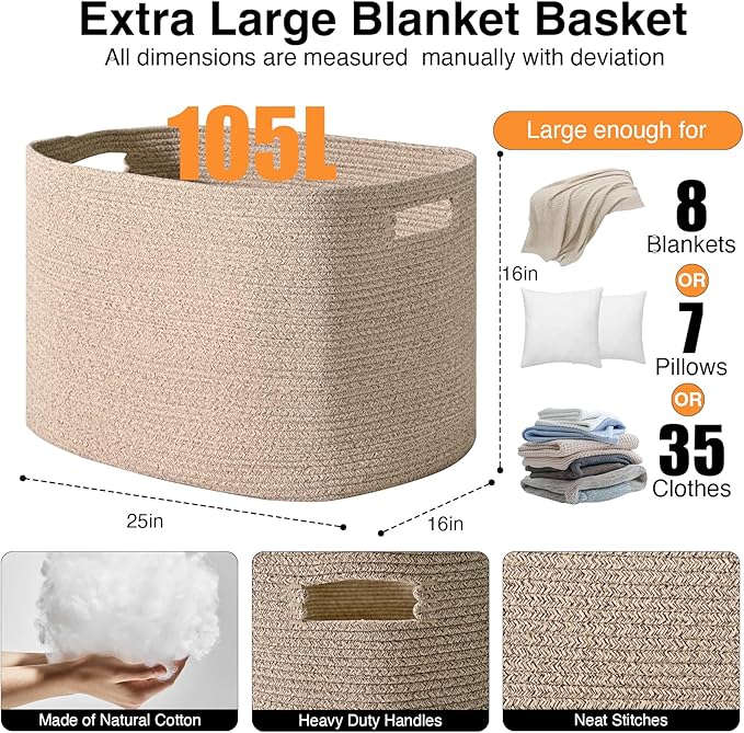 Large Storage Basket for Organizing, Blanket Basket for Living Room, Large Toy Baskets for Storage, Woven Cotton Rope Baskets for Blankets, Clothes, Shoes, Brown, 25”x16”x16” (105L)