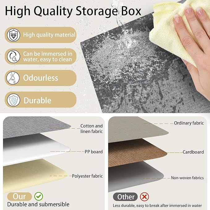 Yawinhe Storage Bins with Lids, Fabric Foldable Boxes, Washable and Leather Handle, Cube Organizer Basket for Home, Closet, White/Grey, 17.7''Lx11.8''Wx11.8''H, 5-Pack, USNK024WGX-5