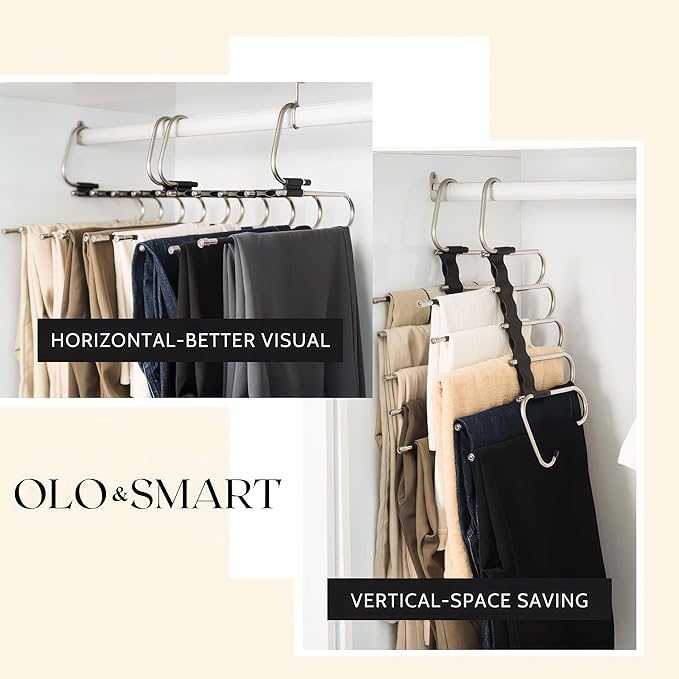 2 Pack Pants Hangers Space Saving- Multi Pants Hanger Save 80% Space - 5 in 1 Pant Rack Hanger for Clothes Organizer, Multifunctional Pants Rack with 10 Stainless Steel Anti-Slip.