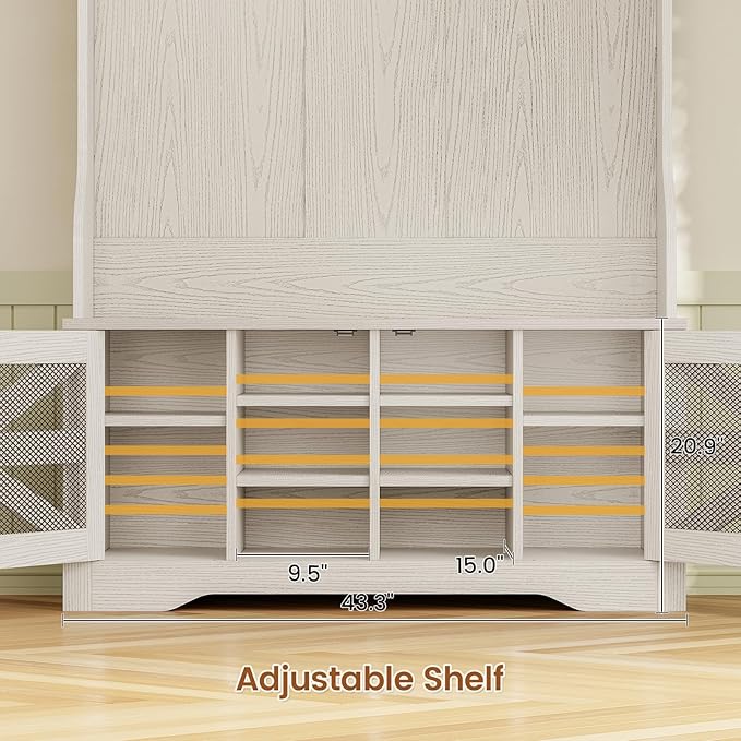 Itaar Hall Tree with Bench and Shoe Storage, 5-in-1 Entryway Bench with Coat Rack, 10 Shoe Cubbies & 9 Coat Hooks, Barn Door & Adjustable Shelf (Embossed White)