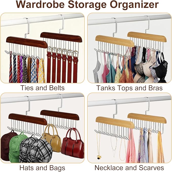 4 Pack Belt Hanger for Closet, Wooden Tie Rack Hangers for Men with 8 Hooks, Space Saving Tie Holder Organizer,Closet Storage for Ties,Belts,Bras,Scarves,Tank Tops