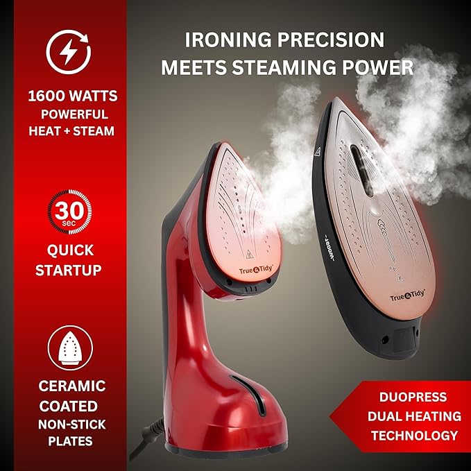 True & Tidy DuoPress XL 2-in-1 Clothes Steamer & Iron, 1600W Powerful Turbo Steam, Large Ceramic Plate, Smart Temperature Control, 3 Steam Modes