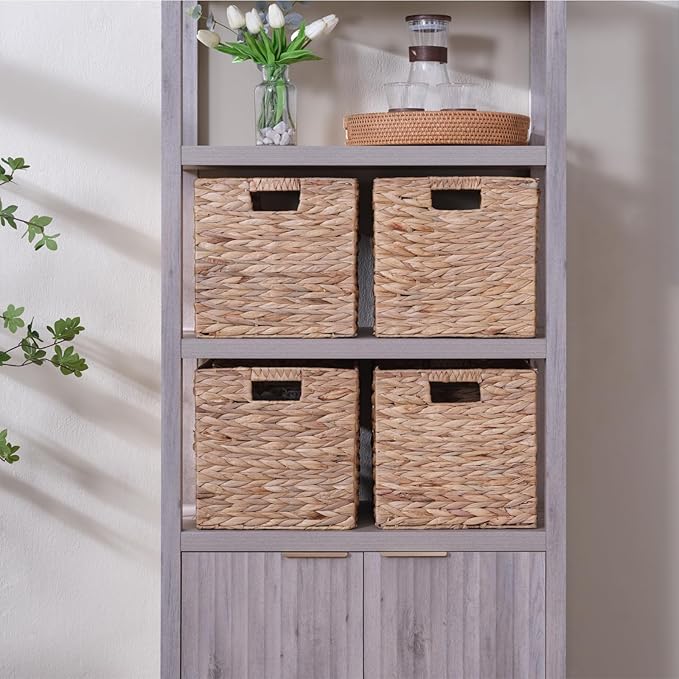 Set of 2 Wicker Storage Basket, Woven Baskets for Storage, Foldable Wicker Storage Baskets for Shelves, Cube Storage Bin for Shelves, Water Hyacinth Laundry Organizer Square Baskets, 12''x12''x12''