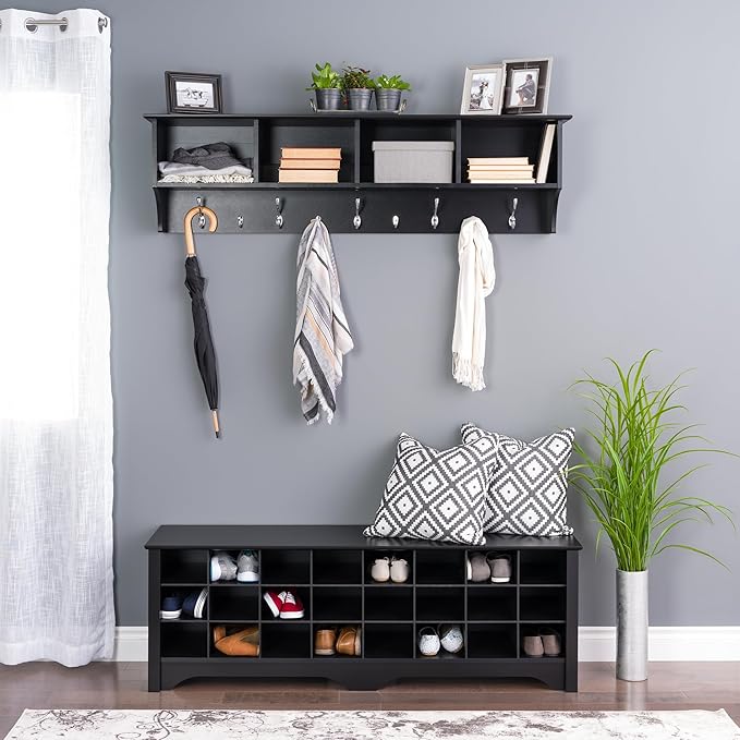 Pemberly Row Wall Hanging Coat Rack, 60 in Wide, Black Laminate Finish, 5 Large and 4 Small Hooks, 4 Storage Compartments, Mudroom or Entryway Organizer