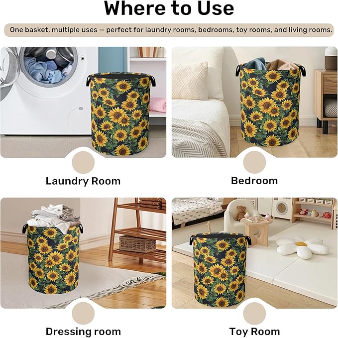 Sunflower Laundry Basket with Handles - Extra Large Foldable Hamper for Bathroom/Laundry/Bedroom/Dorm, Washable Fabric Storage Bin