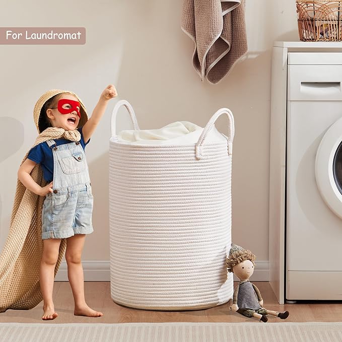 80L White Woven Hamper Laundry Basket Cotton Rope Blanket Basket for Living Room 22 inches Tall Clothes Hamper for Baby Nursery Kids in Bedroom Extra Large