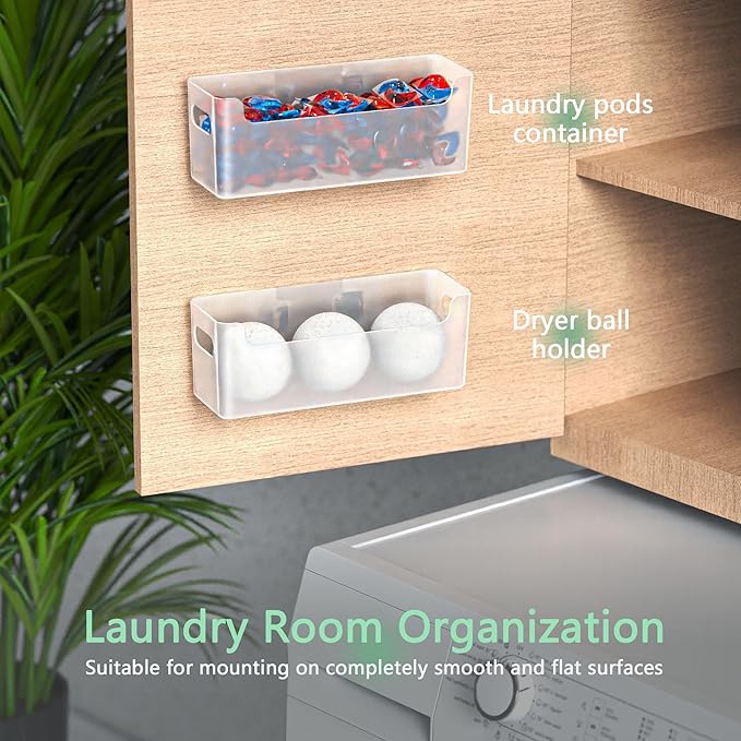 Laundry Room Organization 2 Pcs, Adhesive Laundry Pods Container, Laundry/Dryer Sheet Holder, Dryer Ball Holder, Lost Socks Basket for Laundry Room Cabinet, Washer/Dryer (Transparent)