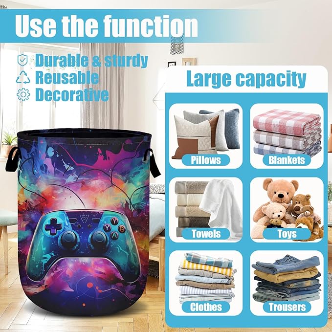 Gamepad Neon Ligh Laundry Basket, Laundry Hamper Collapsible Oxford Cloth with Handle Clothes Toy Storage Bin for Bathroom Laundry Room Bedroom 15.7 X 20 Inch
