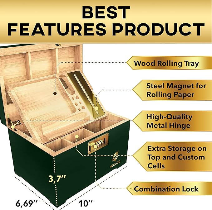 HOVANZO Premium Large Bamboo Storage Box with Removable Tray - Storage Wood Box for Herbs and Accessories - Storage Box Set with Combination Lock - Smell Proof Container with Accessories