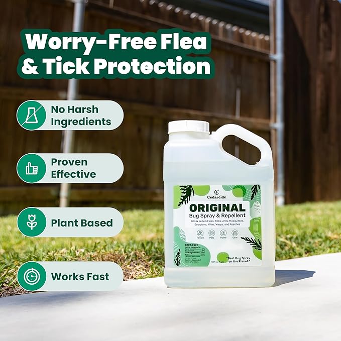 Cedarcide Original Bug Spray | Repel & Kill Fleas, Ticks, Mosquitoes, Mites, Ants & Chiggers | for use on People, Pets & Home | Natural Cedar Oil | Eco-Friendly | Gallon