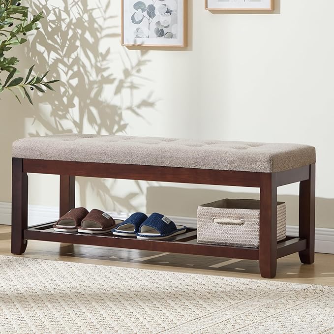 Shoe Bench Entryway, 44" End of Bed Bench,Upholstered Linen Bench for Living Room,Fabric Ottoman Bench with Solid Wood Shelf for Bedroom, Entrance Lightbrown
