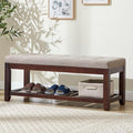 Shoe Bench Entryway, 44" End of Bed Bench,Upholstered Linen Bench for Living Room,Fabric Ottoman Bench with Solid Wood Shelf for Bedroom, Entrance Lightbrown
