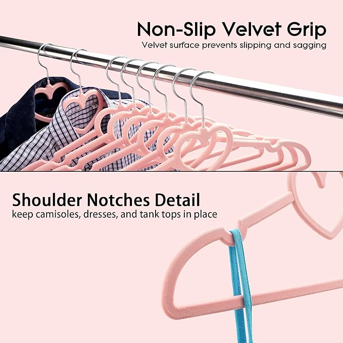 Velvet Clothes Hangers 20 Pack – 16" Non-Slip Slim ABS Hangers with 360° Swivel Hook and Heart Accent, Dry Use for Shirts, Dresses, Pants, Ties – Pink