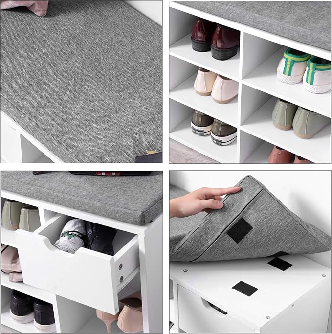 VASAGLE CUSTOS Collection - Storage Bench, Entryway Bench with Cushion, Drawer and Open Compartments, Bench with Storage, Living Room, Bedroom, Closet, White and Gray ULHS24WT