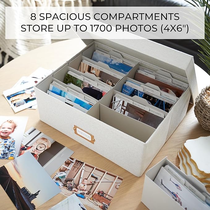 ZICOTO Decorative Photo Storage Box - Sturdy Linen Photo Organizer with Dividers is Perfect to Store Up to 1700 Pictures and 4x6 Photos - Portable Scrapbook Storage Containers with Lid