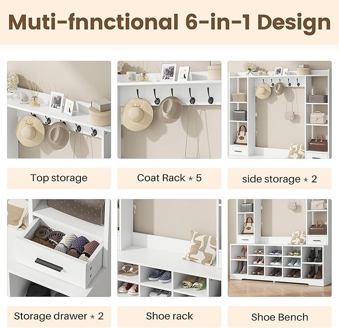 61.6" H White Hall Tree with Bench and Shoe Storage, 6-in-1 Multi-Functional Entryway Bench with 2 Drawers, 5 Coat Racks, Shoe Rack with 13 Shoe Cubbies, Entryway Storage Organizer, White