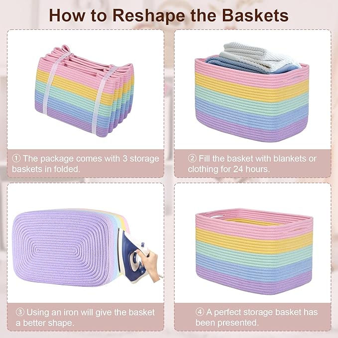Baskets for Organizing,Storage Baskets,3 Pack Baskets for Shelfves,15"×10"×9" Woven Rainbow Basket,toy storage bins,bins for organization
