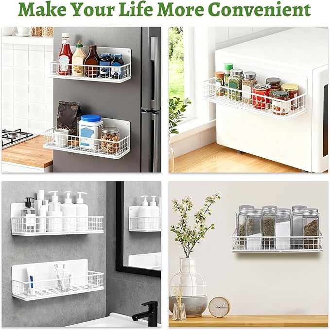 2 Pack Magnetic Basket for Fridge, Magnetic Spice Rack for Side of Refrigerator, Small Magnet Wire Bin Basket Fridge Shelf Organizer Kitchen Classroom Whiteboard Pantry Office Storage, White