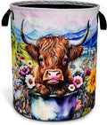 Highland Cow Laundry Basket Colorful Flowers Foldable Oxford Cloth Funny Tote Bag Laundry Hamper Clothes Storage Bucket Toy Organizer For Bathroom/Laundry Storage/Bedroom 18.9x16.5 Inch