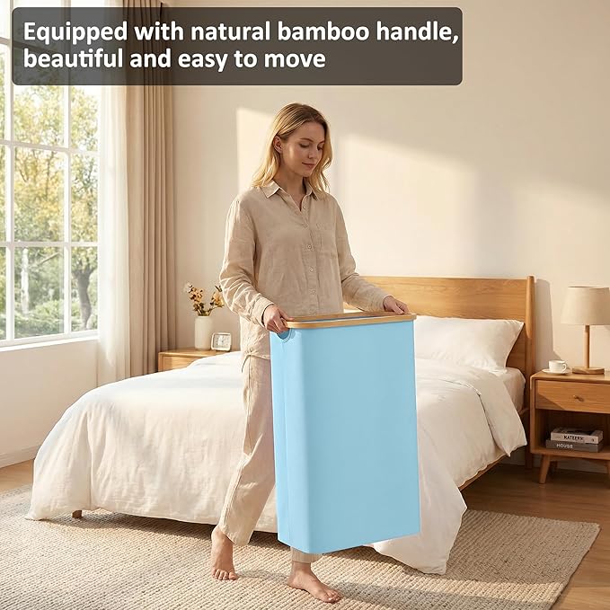 Slim Laundry Basket,60L Laundry Hamper with Lid, Tall Hamper for Laundry,Dirty Cloth Hamper with Bamboo Handle for Toys,Towels, Clothes Organizing,Blue