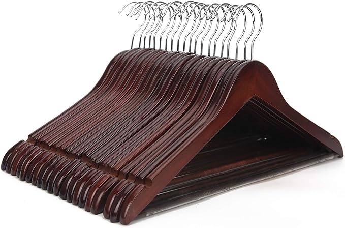 JS HANGER Wooden Coat Hangers, 20 Pack High Grade 17.5 Inch Wood Suit Hangers with Non Slip Pant Bar - Extra Smooth and Splinter Free Walnut Finish