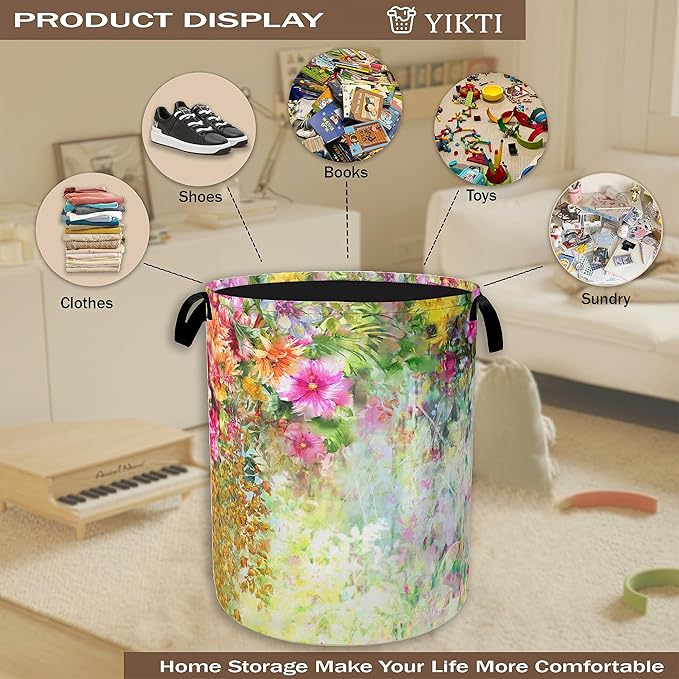 Laundry Hamper,Spring Flowers Laundry Basket,Colorful Floral Portable Collapsible Laundry Room Organization Storage for Dorm Room,Nursery,Bathroom,Bedroom,16x20 Inch
