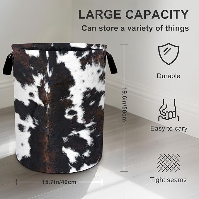 White Black Cowhide Laundry Basket Laundry Hamper With Handles Collapsible Laundry Baskets Storage Basket For Room Bathroom Bedroom Decor